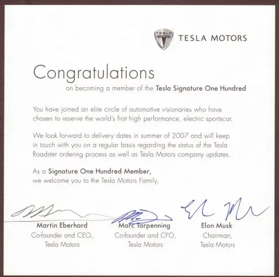 Certyfikat Tesla Signature One Hundred